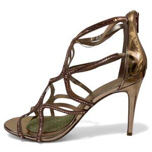 ALDO Strappy Metallic Gold Heeled Sandals With Rhinestone Accents Peep Toe